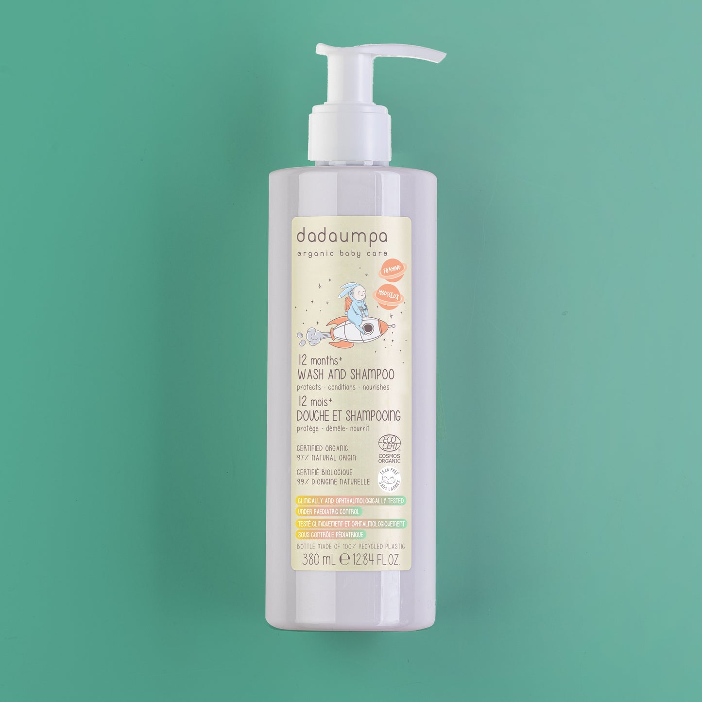 Dadaumpa 12months+ Wash And Shampoo Organic Certified (380 ml) in a pump dispenser